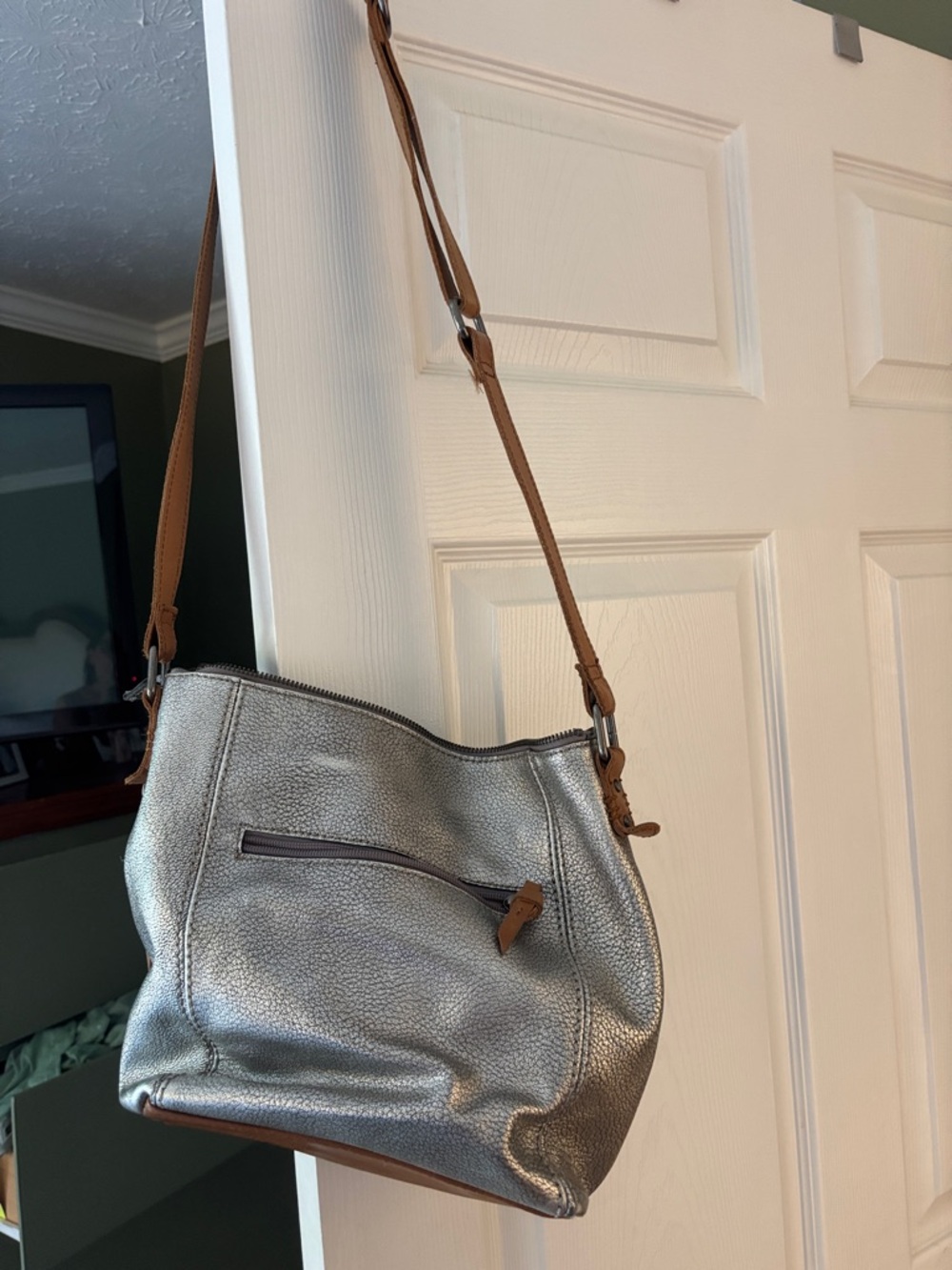 The Sak Metallic Silver Shoulder Bag with Brown Strap
